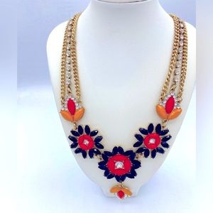 J Crew Gold Tone Multi Strand Necklace With Orange, Black And Yellow Rhinestones